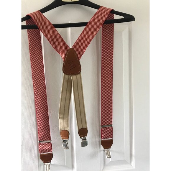 Vintage Big Sport Red & Tan Checkered Suspenders Leather Elastic Braces Silver - Picture 6 of 9